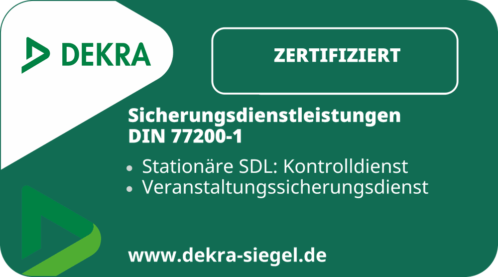 DEKRA Siegel: zertifiziert für Sicherungsdienstleistungen nach DIN 77200-1